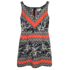 MILLY Fit Flare Sleeveless V-Neck Mini Dress Orange Black White Floral Pockets 6